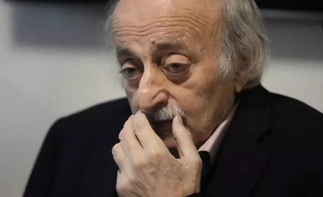 Lebanese Druze leader Walid Jumblatt gestures during a press conference, in Beirut, Lebanon, Sunday, March 2, 2025. (AP Photo/Hussein Malla)
