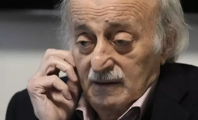 Lebanese Druze leader Walid Jumblatt gestures during a press conference, in Beirut, Lebanon, Sunday, March 2, 2025. (AP Photo/Hussein Malla)