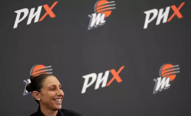 Former Phoenix Mercury player Diana Taurasi speaks during her retirement news conference, Thursday, March 13, 2025, in Phoenix. (AP Photo/Matt York)