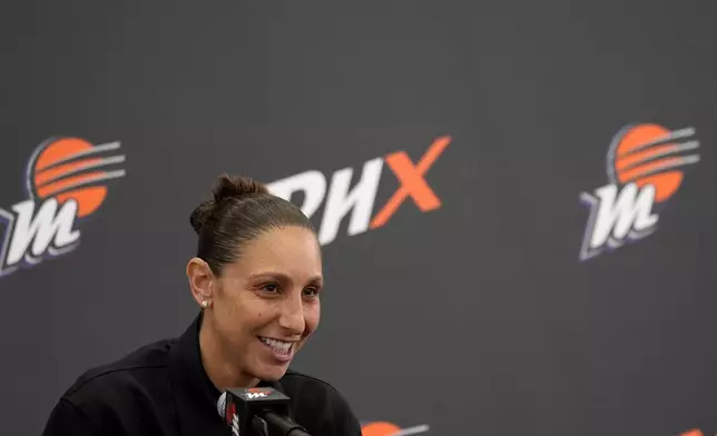 Former Phoenix Mercury player Diana Taurasi speaks during her retirement news conference, Thursday, March 13, 2025, in Phoenix. (AP Photo/Matt York)