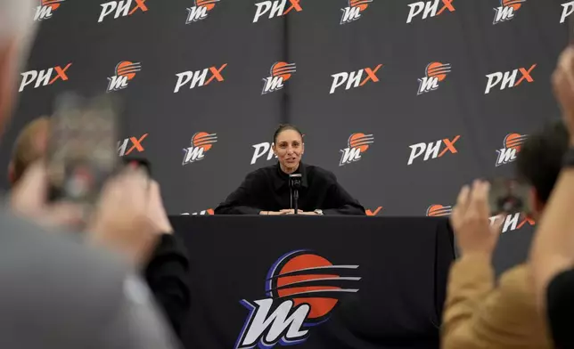 Former Phoenix Mercury player Diana Taurasi speaks during her retirement news conference, Thursday, March 13, 2025, in Phoenix. (AP Photo/Matt York)