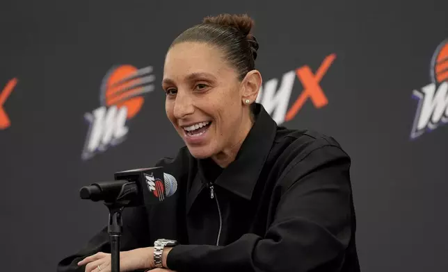 Former Phoenix Mercury player Diana Taurasi speaks during her retirement news conference, Thursday, March 13, 2025, in Phoenix. (AP Photo/Matt York)