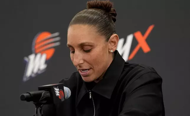 Former Phoenix Mercury player Diana Taurasi speaks during her retirement news conference, Thursday, March 13, 2025, in Phoenix. (AP Photo/Matt York)