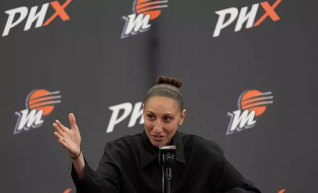 Former Phoenix Mercury player Diana Taurasi speaks during her retirement news conference, Thursday, March 13, 2025, in Phoenix. (AP Photo/Matt York)