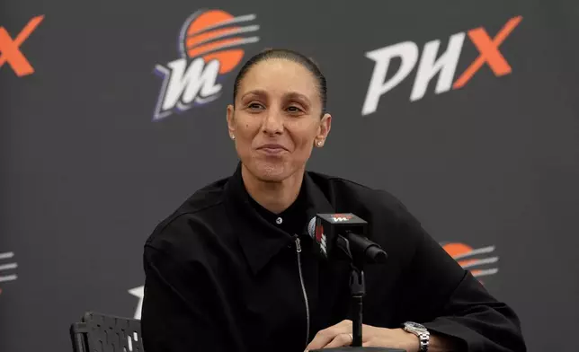 Former Phoenix Mercury player Diana Taurasi speaks during her retirement news conference, Thursday, March 13, 2025, in Phoenix. (AP Photo/Matt York)