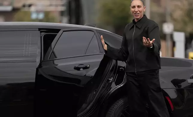 Former Phoenix Mercury player Diana Taurasi arrives for her retirement news conference, Thursday, March 13, 2025, in Phoenix. (AP Photo/Matt York)