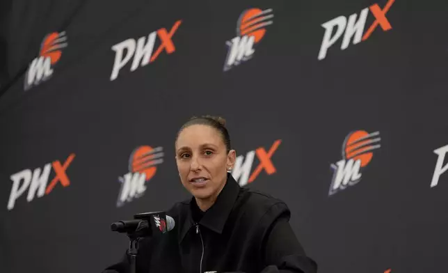 Former Phoenix Mercury player Diana Taurasi speaks during her retirement news conference, Thursday, March 13, 2025, in Phoenix. (AP Photo/Matt York)