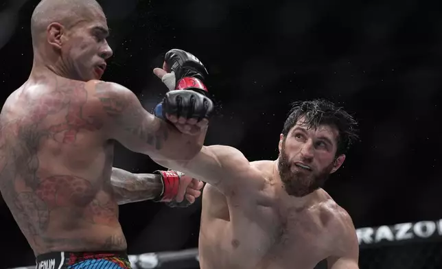 Magomed Ankalaev hits Alex Pereira during a UFC 313 mixed martial arts light heavyweight title bout Saturday, March 8, 2025, in Las Vegas. (AP Photo/John Locher)