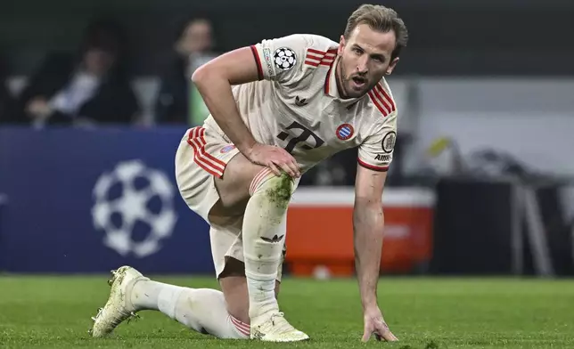 Munich's Harry Kane during the Champions League round of 16 first leg soccer match between FC Bayern Munich and Bayer 04 Leverkusen in Munich, Germany, Wednesday, March 5, 2025. (Peter Kneffel/dpa via AP)