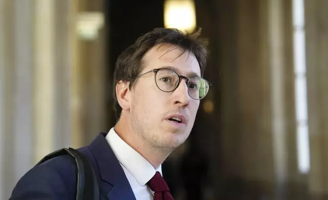 Gabriel Dumenil,a lawyer of Yunice Abbas, one of the men accused in the 2016 armed robbery of Kim Kardashian, arrives at the palace of justice Monday, April 28, 2025 in Paris. (AP Photo/Aurelien Morissard)