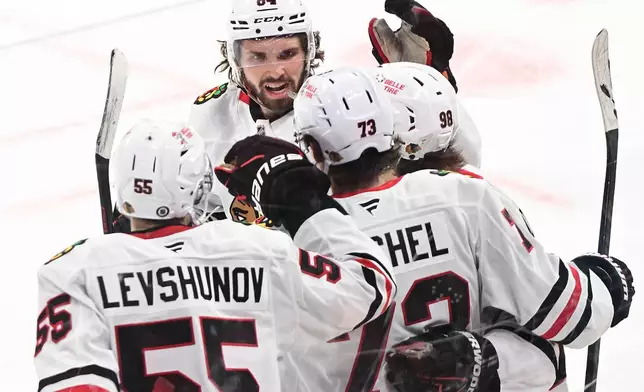 Chicago Blackhawks' Lukas Reichel (73) celebrates with teammates after scoring against the Montreal Canadiens during third-period NHL hockey game action in Montreal, Monday, April 14, 2025. (Graham Hughes/The Canadian Press via AP)