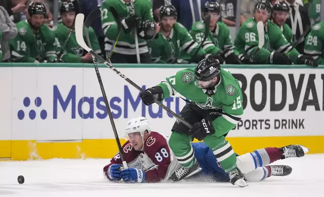Dallas Stars center Colin Blackwell (15) competes for possession against Colorado Avalanche center Martin Necas (88) during the first period in Game 2 of a first-round NHL hockey playoff series Monday, April 21, 2025, in Dallas. (AP Photo/Julio Cortez)