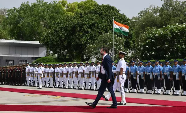 U.S. Vice President JD Vance arrives in New Delhi, India Monday, April 21, 2025. (Kenny Holston/The New York Times via AP, Pool)