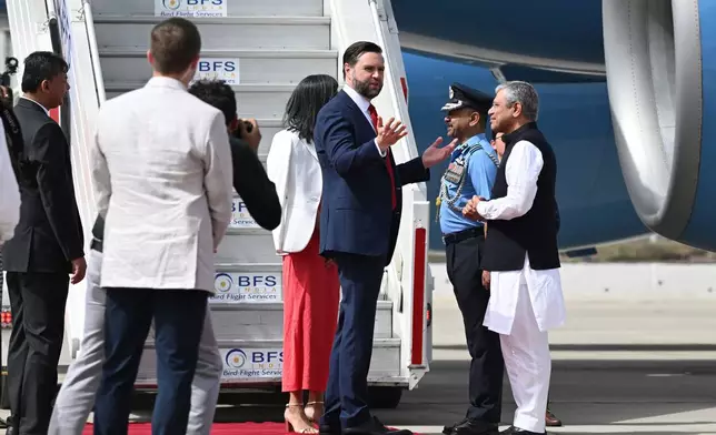 U.S. Vice President JD Vance arrives in New Delhi, India, Monday, April 21, 2025. (Kenny Holston/The New York Times via AP, Pool)