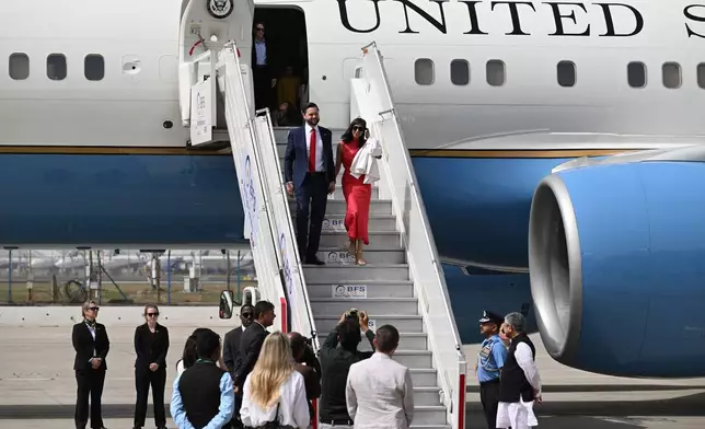 U.S. Vice President JD Vance and second lady Usha Vance arrive in New Delhi, India, Monday, April 21, 2025. (Kenny Holston/The New York Times via AP, Pool)