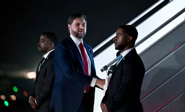 U.S. Vice President JD Vance departs New Delhi en route to Jaipur, India, Monday, April 21, 2025. (Kenny Holston/The New York Times via AP, Pool)