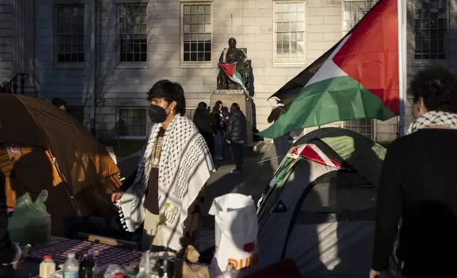 FILE - A student protester stands in front of the statue of John Harvard, the first major benefactor of Harvard College, draped in the Palestinian flag, at an encampment of students protesting against the war in Gaza, at Harvard University in Cambridge, Mass., April 25, 2024. (AP Photo/Ben Curtis, File)