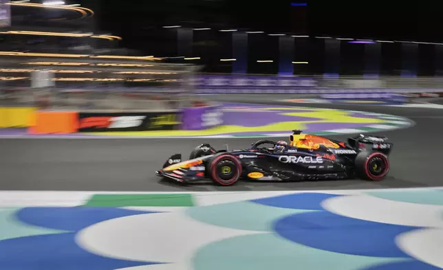 Red Bull driver Max Verstappen of the Netherlands steers his car during the qualifying session ahead of the Formula One Saudi Arabian Grand Prix at the Jeddah Corniche Circuit in Jeddah, Saudi Arabia, Saturday, April 19, 2025. (AP Photo/Darko Bandic)
