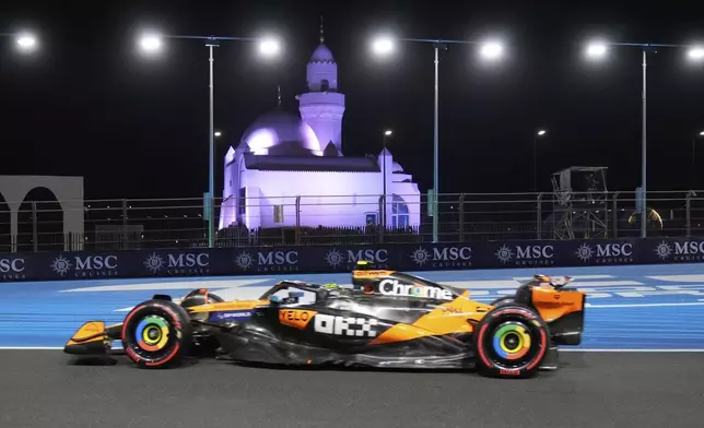 McLaren driver Lando Norris of Britain steers his car during the qualifying session ahead of the Formula One Saudi Arabian Grand Prix at the Jeddah Corniche Circuit in Jeddah, Saudi Arabia, Saturday, April 19, 2025. (AP Photo/Darko Bandic)