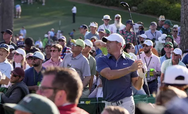 Rory McIlroy, of Northern Ireland, watches his tee shot on the 17th hole during the final round at the Masters golf tournament, Sunday, April 13, 2025, in Augusta, Ga. (AP Photo/Julia Demaree Nikhinson)