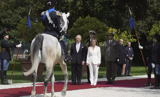 King Charles III meets with Italian Prime Minister Giorgia Meloni at villa Doria Pamphilj in Rome, Wednesday, April 9, 2025. (AP Photo/Andrew Medichini)