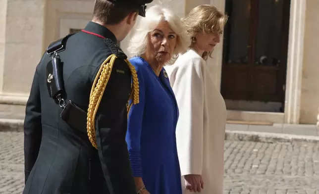 Queen Camilla arrives at the Quirinale Presidential Palace to meet with Italy's President Sergio Mattarella, in Rome, Tuesday, April 8, 2025. (AP Photo/Alessandra Tarantino)