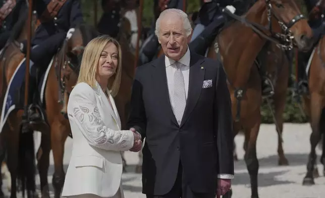 King Charles III meets with Italian Prime Minister Giorgia Meloni at villa Doria Pamphilj in Rome, Wednesday, April 9, 2025. (AP Photo/Andrew Medichini)