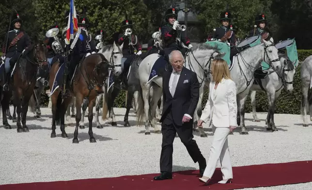 King Charles III meets with Italian Prime Minister Giorgia Meloni at villa Doria Pamphilj in Rome, Wednesday, April 9, 2025. (AP Photo/Andrew Medichini)