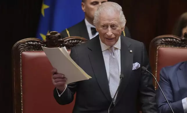 King Charles III addresses the Italian parliament in Rome, Wednesday, April 9, 2025. (AP Photo/Alessandra Tarantino)