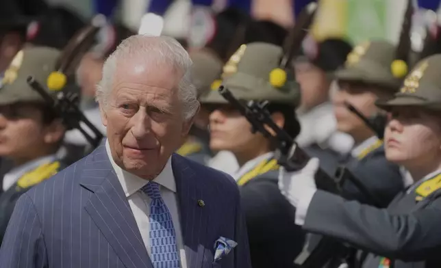 King Charles III arrives to pay his homage at the Unknown Soldier's Monument, in Rome, Tuesday, April 8, 2025. (AP Photo/Gregorio Borgia)