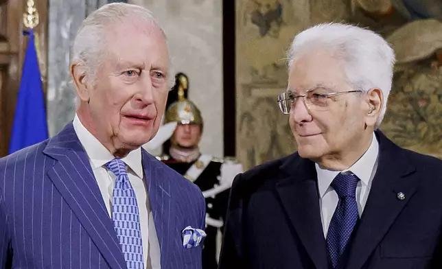 Italian President Sergio Mattarella, right, and Britain's King Charles III on the occasion of their meeting at the Quirinale Presidential Palace, in Rome, Tuesday, April 8, 2025 (Roberto Monaldo/LaPresse via AP)