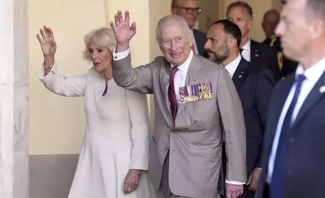 Britain's King Charles III and Queen Camilla in Ravenna, Italy, Thursday, April 10, 2025. (Massimo Paolone/LaPresse via AP)