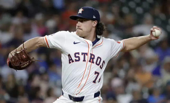 Houston Astros relief pitcher Bryan King throws against the Toronto Blue Jays during the seventh inning of a baseball game Tuesday, April 22, 2025, in Houston. (AP Photo/Michael Wyke)