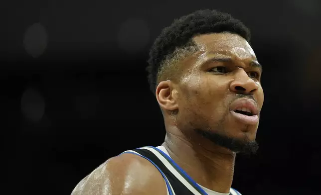 Milwaukee Bucks' Giannis Antetokounmpo reacts to a call during the second half of an NBA basketball game against the New Orleans Pelicans, Thursday, April 10, 2025, in Milwaukee. (AP Photo/Aaron Gash)
