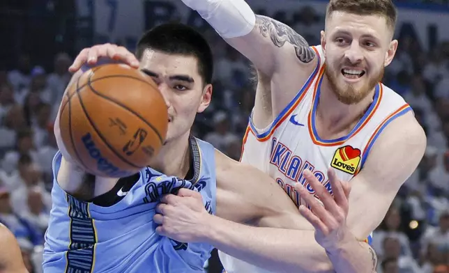 Memphis Grizzlies center Zach Edey, left, and Oklahoma City Thunder center Isaiah Hartenstein, right, chase the ball during the first half in Game 1 of an NBA first-round playoff series, Sunday, April 20, 2025, in Oklahoma City. (AP Photo/Nate Billings)