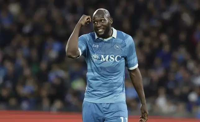 Napoli's Romelu Lukaku gestures during the Serie A soccer match between Napoli and Empoli at the Diego Armando Maradona Stadium in Naples, Italy, Monday, April 14 , 2025. (Alessandro Garofalo/LaPresse via AP)