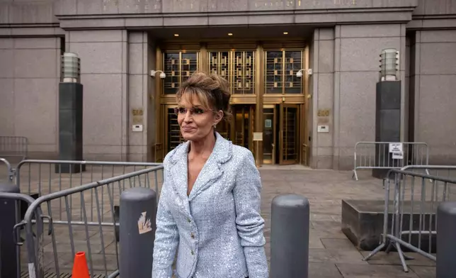 Former Alaska Gov. Sarah Palin leaves Manhattan federal court, after testifying in her defamation trial against the New York Times, Monday, April 21, 2025, in New York. (AP Photo/Yuki Iwamura)