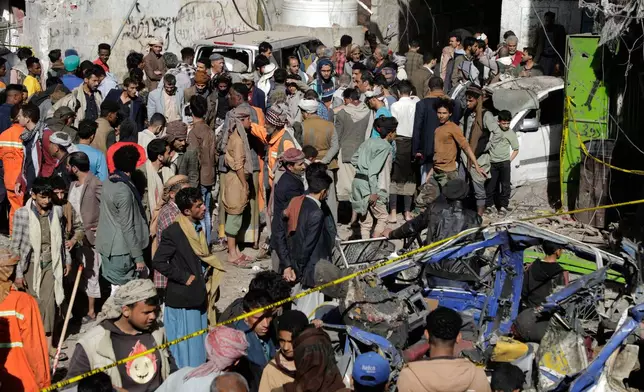 Yemenis crowd at Farwah popular market, which Houthis said was struck by U.S. airstrikes, in Sanaa, Yemen, Monday, April 21, 2025. (AP Photo)
