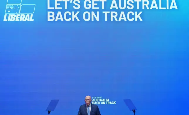 Australian Liberal Party and opposition leader Peter Dutton gestures as he speaks at his party's coalition campaign launch ahead of the May 3 federal election in western Sydney, Australia, Sunday, April 13, 2025. (AP Photo/Mark Baker)