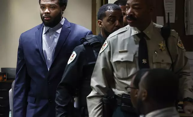 Former Memphis Police officer Demetrius Haley, left, appears in a Shelby County courtroom on Monday, April 28, 2025, to stand trial for second-degree murder in the beating death of Tyre Nichols after a 2023 traffic stop in Memphis. (Mark Weber/Daily Memphian via AP, Pool)
