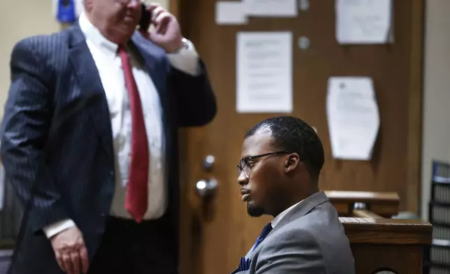 Former Memphis Police officer Justin Smith appears in a Shelby County courtroom on Monday, April 28, 2025, to stand trial for second-degree murder in the beating death of Tyre Nichols after a 2023 traffic stop in Memphis. (Mark Weber/Daily Memphian via AP, Pool)