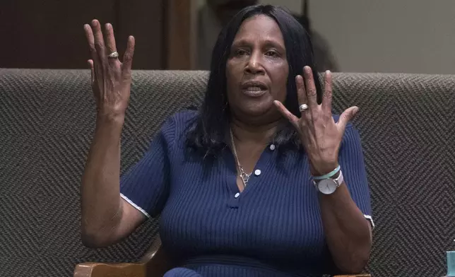 RowVaughn Wells, the mother of Tyre Nichols, answers a question while taking the stand as a witness during the first day of the criminal trial for the death of Nichols in Memphis, Tenn., on Monday, April 28, 2025. (Chris Day/Commercial Appeal/USA Today Network, via AP, Pool)