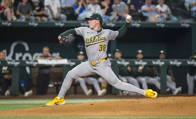 Athletics' J.P. Sears pitches during the first inning of a baseball game against the Texas Rangers, Monday, April 28, 2025, in Arlington, Texas. (AP Photo/Jessica Tobias)