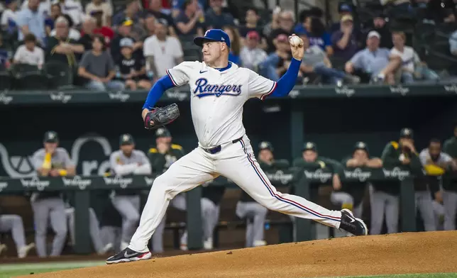 Texas Rangers' Patrick Corbin pitches during the first inning of a baseball game against the Athletics, Monday, April 28, 2025, in Arlington, Texas. (AP Photo/Jessica Tobias)