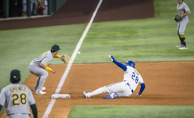 Texas Rangers Jonah Heim (28) slides safely into third base during the seventh inning of a baseball game against the Athletics, Monday, April 28, 2025, in Arlington, Texas. (AP Photo/Jessica Tobias)
