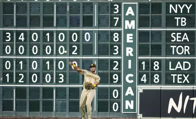 San Diego Padres left fielder Oscar Gonzalez throws in a single from Houston Astros' Brendan Rodgers during the sixth inning of a baseball game in Houston, Friday, April 18, 2025. (AP Photo/Ashley Landis)