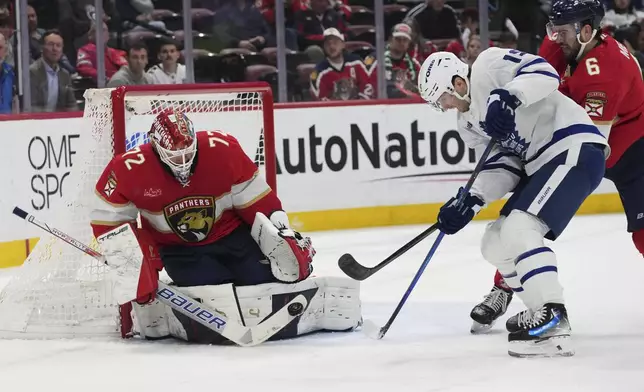 Florida Panthers goaltender Sergei Bobrovsky (72) defends the goal against Toronto Maple Leafs center Calle Jarnkrok (19) during the first period of an NHL hockey game, Tuesday, April 8, 2025, in Sunrise, Fla. (AP Photo/Lynne Sladky)