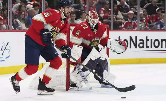 Florida Panthers defenseman Jaycob Megna (6) skates with the puck during the first period of an NHL hockey game against the Toronto Maple Leafs, Tuesday, April 8, 2025, in Sunrise, Fla. (AP Photo/Lynne Sladky)