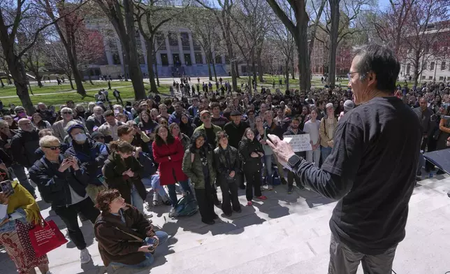 Archon Fung, professor at the John F. Kennedy School of Government, addresses students, faculty and members of the Harvard University community rally, Thursday, April 17, 2025, in Cambridge, Mass. (AP Photo/Charles Krupa)