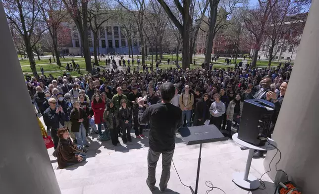 Archon Fung, professor at the John F. Kennedy School of Government, addresses students, faculty and members of the Harvard University community rally, Thursday, April 17, 2025, in Cambridge, Mass. (AP Photo/Charles Krupa)